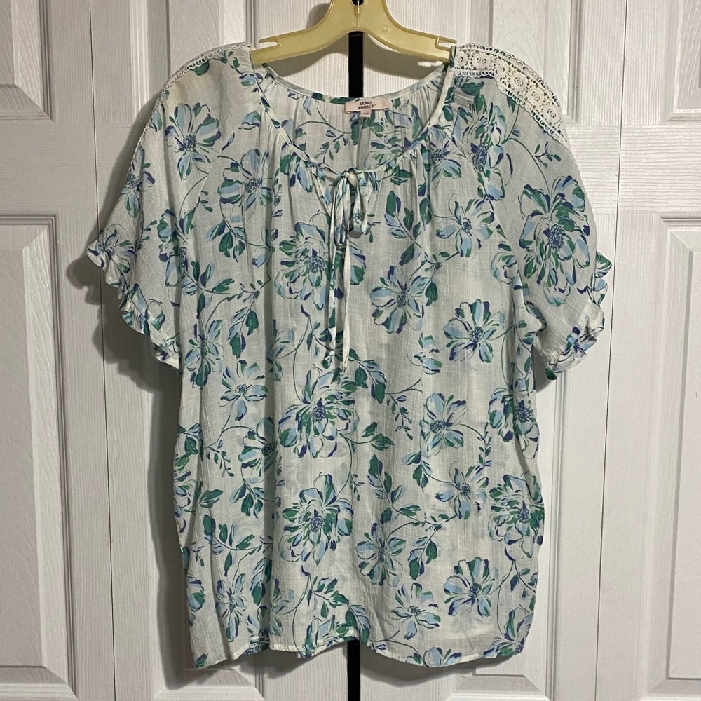 PRETTY Como Vintage off white blue & green floral top shirt blouse size XXL
